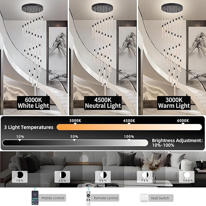 30-Lights Bubble Chandelier for Entryway High Ceiling-196 Height Adjustable Crystal Chandelier,3 Color Temperature Dimmable LED Pendant Light Fixture for Foyer Living Room Staircase,Matte Black