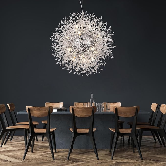 Crystal Chandeliers Dandelion, 16-Light Chrome Stainless Steel Firework Chandeliers for Living Room, 23.6" Modern Chandelier Light Fixture for Bedroom Foyer