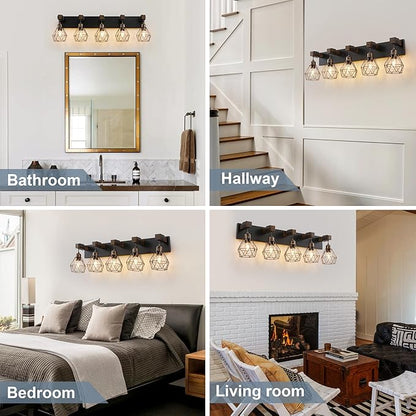 Black Gold Farmhouse Bathroom Light Fixtures, 5-Light Bathroom Lighting Fixtures Over Mirror, Rustic Wood Vanity Lights Wall Sconces with Metal Lampshade for Living Room