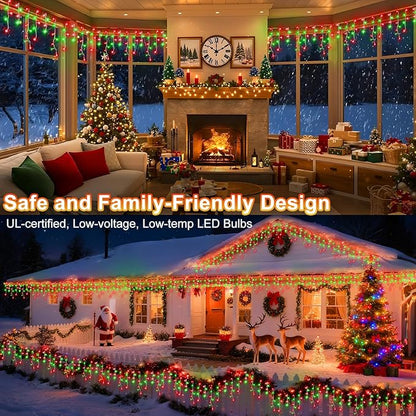 KNONEW Christmas Lights Outdoor Decorations 400 LED 33ft 8 Modes Curtain Fairy String Light with 75 Drops, Clear Wire LED String Light Indoor Decor for Wedding Party Christmas (Red and Green)