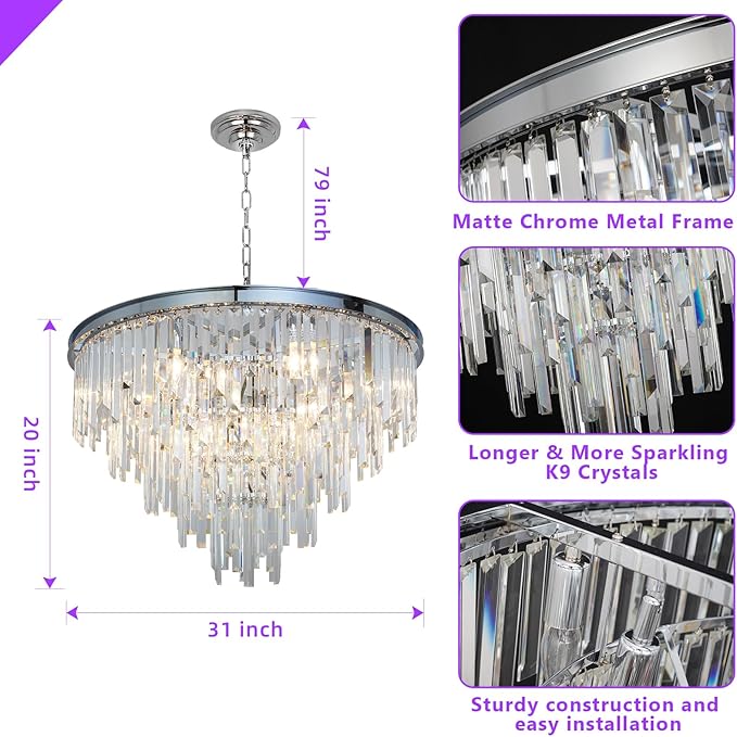 31'' Chrome Top K9 Crystal Chandelier Modern Lighting Fixture, 16 Lights Round K9 Crystal Adjustable Hanging Lamp for Dining Room Bedroom Living Room,Hallway,Bar,Kitchen