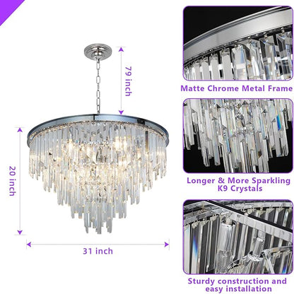31'' Chrome Top K9 Crystal Chandelier Modern Lighting Fixture, 16 Lights Round K9 Crystal Adjustable Hanging Lamp for Dining Room Bedroom Living Room,Hallway,Bar,Kitchen