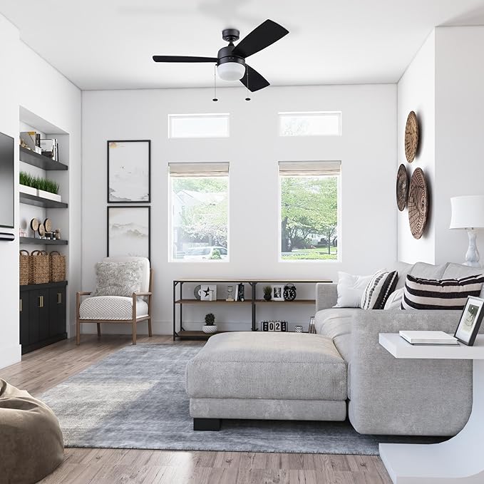Honeywell Ceiling Fans Barcadero Contemporary 44 Inch Ceiling Fan with Light, Pull Chain, LED Indoor Fan with 3 Blades, Matte Black (51476-01)