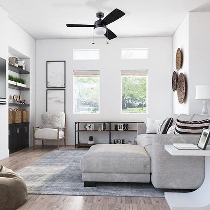 Honeywell Ceiling Fans Barcadero Contemporary 44 Inch Ceiling Fan with Light, Pull Chain, LED Indoor Fan with 3 Blades, Matte Black (51476-01)