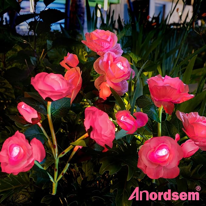 Anordsem Solar Garden Lights Outdoor: 20 Waterproof Fabric Roses 4 Pack - Pink LED Flower Decorations for Yard Patio Path Cemetery Grave - Birthday Gifts for Women Mom Wife
