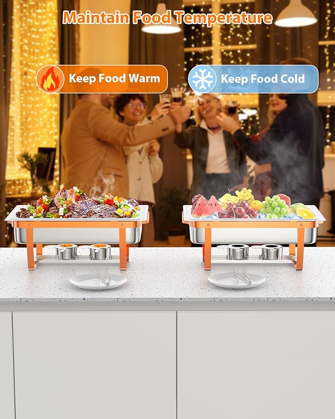 2 Pack Chafing Dishes for Buffet, Stainless Steel Catering Chafer with Lids, Pans & Fuel Holder, 8QT Food Warmers for Parties Buffet, Buffet Servers and Warmers for Parties, Events, Weddings,Rose Gold