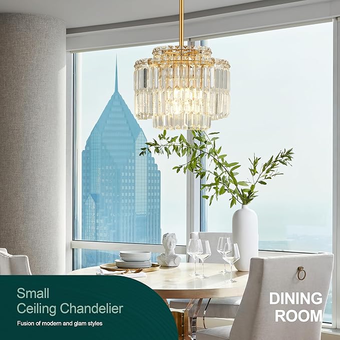Modern 12.8“ Gold Crystal Chandelier Ceiling Light Fixtures for Dining Room Luxury Glam 4-Light Crystal Chandeliers Lighting for Bedroom Entryway Hallway Living Room Kitchen Island Foyer