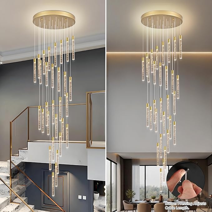 30-Lights Bubble Chandelier for Entryway High Ceiling-196 Height Adjustable Crystal Chandelier,3 Color Temperature Dimmable LED Pendant Light Fixture for Foyer Living Room Staircase,Gold