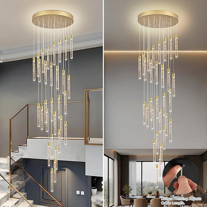 30-Lights Bubble Chandelier for Entryway High Ceiling-196 Height Adjustable Crystal Chandelier,3 Color Temperature Dimmable LED Pendant Light Fixture for Foyer Living Room Staircase,Gold