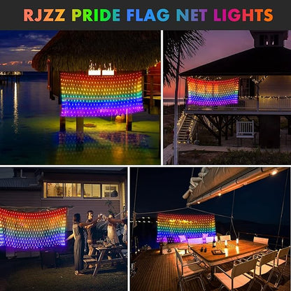 RJZZ Pride Flag Lights Outdoor, 6.6x3.3 FT LGBTQ Pride Decorations Lights for Garden Connectable, 390LED Waterproof Rainbow LED Net Light, Pride Month Decorations for Room, Yard, Party, Office
