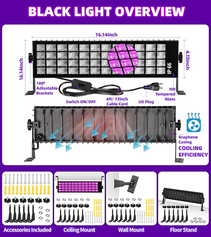 120W Black Light, IP66 Blacklight with Plug+Switch+6ft Cord, Waterproof Blacklight with 100 LED, Black Light for Glow Party Halloween Decor Fluorescent Poster Body Paint Game Outdoor Indoor, 1 Pack