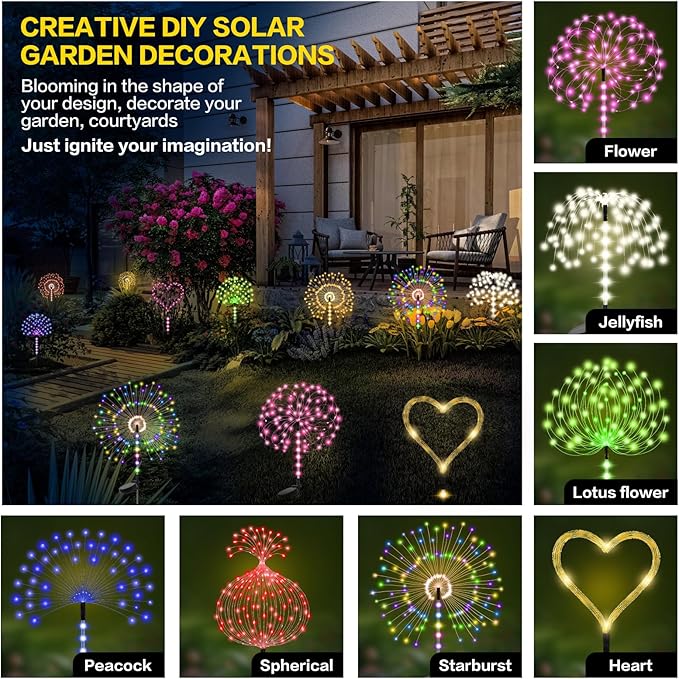2 Pack 250LED Solar Garden Lights Outdoor, Dual Lighting Modes Firework Lights Solar Powered, Waterproof Twinkle Fairy Light Outside for Yard Patio Pathway Christmas Party Decorative(Cool White)