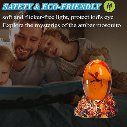 Jurassic 3D Mosquito in Amber Resin, Mosquito Resin with Volcanic Lava Lamp Base with Remote 16 Colors Flashing RGB Dimmable, True 3D 3.3 Inches Tall Dinosaur DNA Replica Paper Weight Gifts