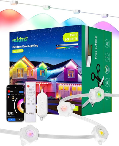 EDISHINE 150FT Cuttable Permanent Outdoor Lights Pro, 90 RGBIC Warm/White LED Eave Lights, 111+ Scene Modes House Lights Outdoor All Year, App/Voice/Remote, IP67 Waterproof for Party & Holiday Decor