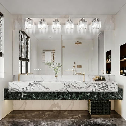 Aipsun Brushed Nickel Bathroom Light Fixtures 6 Light Vanity Lighting Fixture Crystal Modern Bathroom Vanity Light (Exclude Bulb)