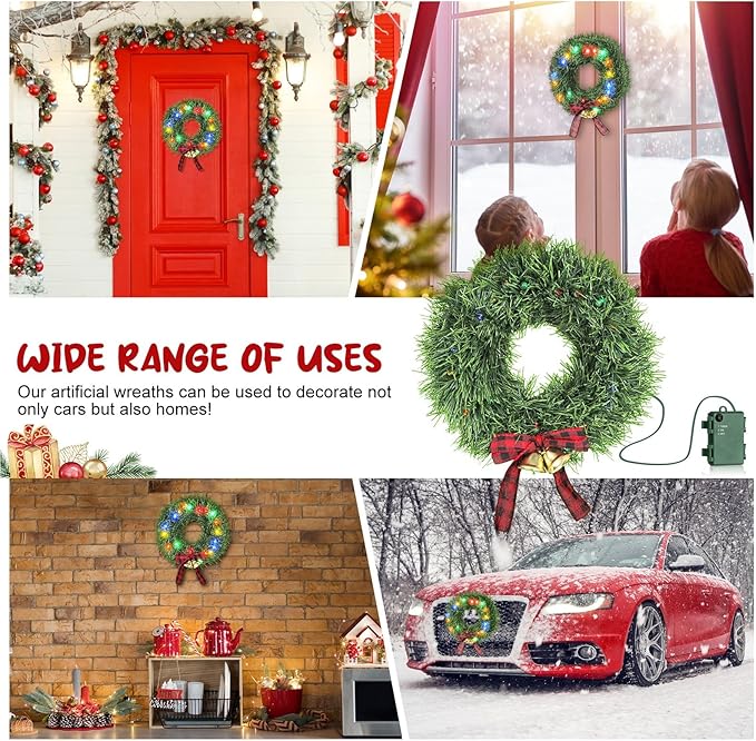 moveland 11" LED Christmas Car Wreath - 5 Colors Lights Artificial Christmas Wreath with Bow and Bells - Christmas Decoration for Golf Carts Jeeps Trucks SUVs Decor
