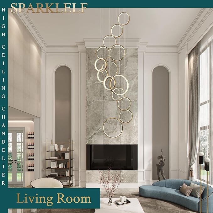14 Rings Modern LED Chandelier for High Ceiling Dimmable Gold Contemporary Foyer Long Chandelier for Entryway, Long Pendant Light Fixture Staircase Dining Living Room, 3000-6500K