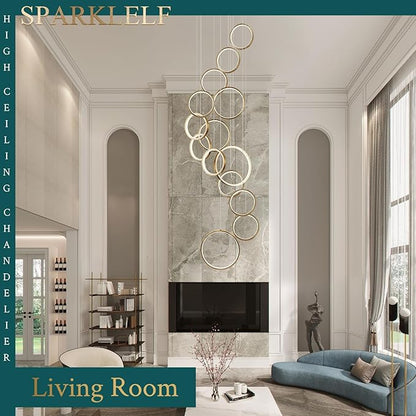14 Rings Modern LED Chandelier for High Ceiling Dimmable Gold Contemporary Foyer Long Chandelier for Entryway, Long Pendant Light Fixture Staircase Dining Living Room, 3000-6500K