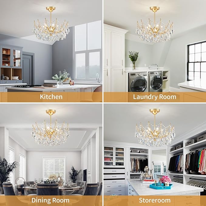 ANJIADENGSHI Crystal Chandelier Ceiling Light, Modern Semi Flush Mount Ceiling Light Fixture, Gold Hallway Lighting Fixtures Chandelier for Bedroom Bathroom Entryway Kitchen