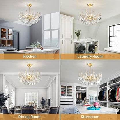 ANJIADENGSHI Crystal Chandelier Ceiling Light, Modern Semi Flush Mount Ceiling Light Fixture, Gold Hallway Lighting Fixtures Chandelier for Bedroom Bathroom Entryway Kitchen
