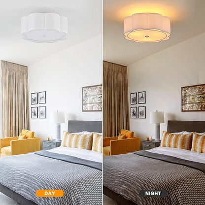 Semi Flush Mount Ceiling Light, White Linen Fabric Shade Ceiling Light, Modern Farmhouse Close to Ceiling Light for Bedroom, Hallway, Living Room, Dining Room, Laundry Room
