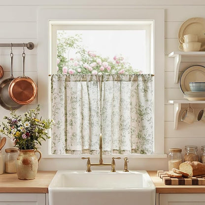 jinchan Amlie Floral Kitchen Curtains 30 Inch Length Linen Cafe Curtains Small Window Drapes Light Filtering Botanical Farmhouse for Bedroom Bathroom Rod Pocket 2 Panels Sage Green on Linen