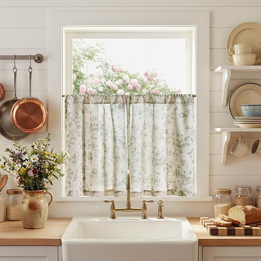 jinchan Amlie Floral Kitchen Curtains 30 Inch Length Linen Cafe Curtains Small Window Drapes Light Filtering Botanical Farmhouse for Bedroom Bathroom Rod Pocket 2 Panels Sage Green on Linen