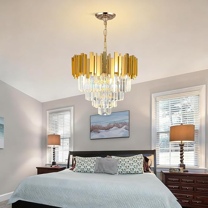 Luxury Gold Crystal Chandelier, W50cm Modern Round Ceiling Hanging Light Adjustable Chain & Dimmable Light Fixture for Dining Living Room Kitchen Island Foyer 7Lights