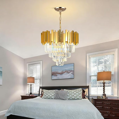 Luxury Gold Crystal Chandelier, W50cm Modern Round Ceiling Hanging Light Adjustable Chain & Dimmable Light Fixture for Dining Living Room Kitchen Island Foyer 7Lights