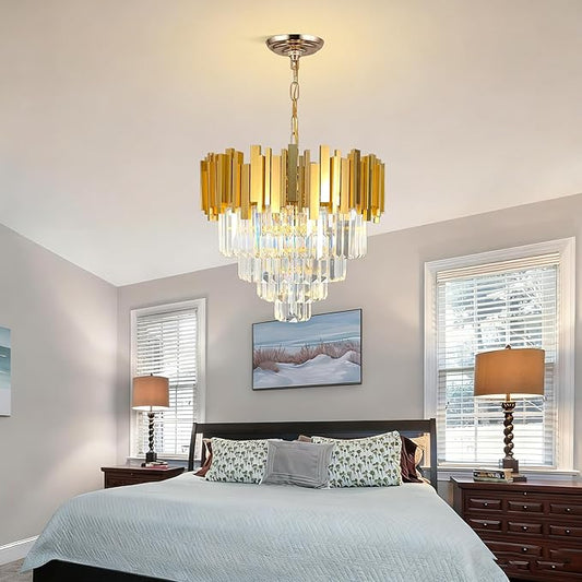 Luxury Gold Crystal Chandelier, W50cm Modern Round Ceiling Hanging Light Adjustable Chain & Dimmable Light Fixture for Dining Living Room Kitchen Island Foyer 7Lights