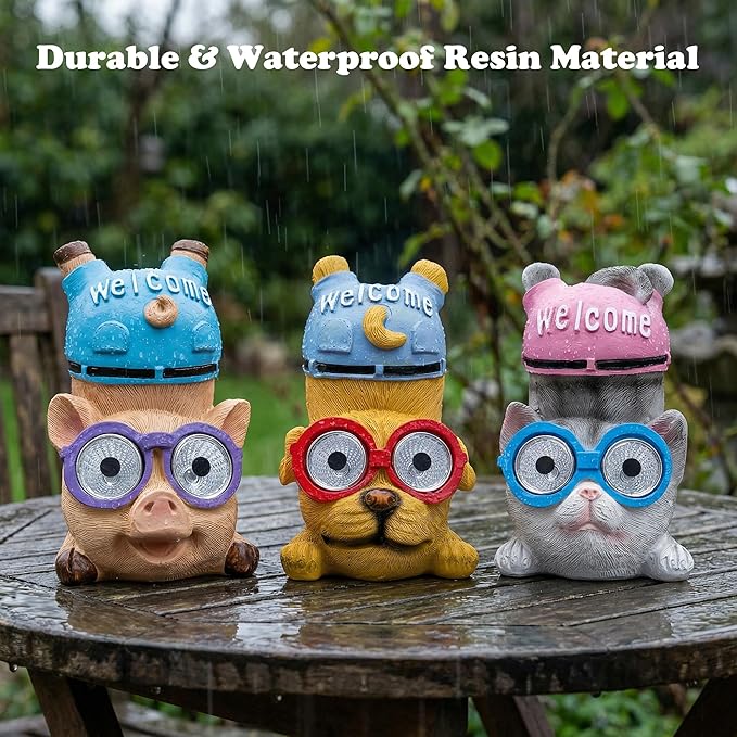 pearlstar 3 Pack Solar Lights Outdoor Garden Statues Resin Animal with Welcome Sign, Cat Dog Pig Solar Figurines LED Lights Waterproof Outside Decor for Patio Yard, Mothers Day Gifts for Mom Grandma