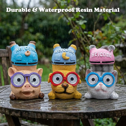 pearlstar 3 Pack Solar Lights Outdoor Garden Statues Resin Animal with Welcome Sign, Cat Dog Pig Solar Figurines LED Lights Waterproof Outside Decor for Patio Yard, Mothers Day Gifts for Mom Grandma