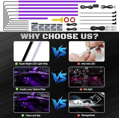 RGB Acrylic Interior Car LED Strip Light with Wireless APP, 14 in 1 with 175 inches 593 LEDs Neon LED Strip Light, 16 Million Colors Dynamic Music Sync Car Ambient Lighting Kits