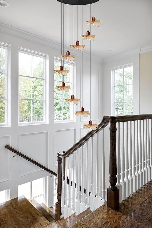 9-Light Amber Glass Chandelier for High Ceilings, Modern Long Flush Mount Lighting Fixture for Spiral Staircase, Foyer, Entryway, Living Room, Stairwell Hanging Chandelier