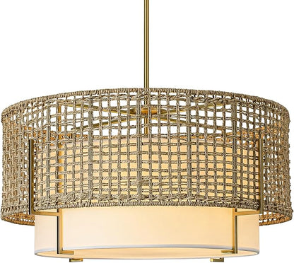 25.6" Large Rattan Chandelier, 6-Light Boho Rustic Pendant Light with Fabric Shade, Hand Woven Wicker Hanging Ceiling Light Fixture for Dining Room, Living Room, Kitchen Island, Bedroom, Foyer