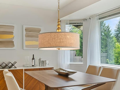 Shrine Lighting Drum Chandeliers, Farmhouse Style, Perfect Drum Pendant Light for Dining Room, D20'' x H7'', Adjustable Chains 59'', E26*3 Sockets, Beige Linen Fabric Lampshade & Gold Rod