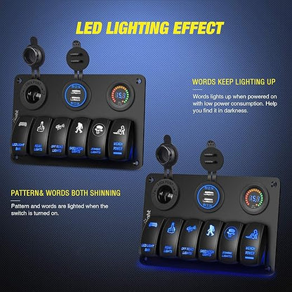 Nilight 6 Gang Rocker Switch Panel Laser Etched Aluminum LED Light Bar with Cigarette Lighter and Dual USB Charger Voltmeter for 12V-24V Cars Trailers UTV Boats RVs Campers