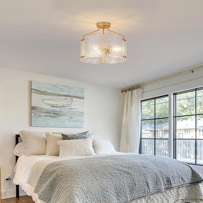 Semi Flush Mount Ceiling Light Fixture Glass Drum Chandelier Entryway Light Fixture 16''Gold Flush Mount Ceiling Lights 3-Light Foyer Lighting fixtures for Living Room Hallway Bedroom