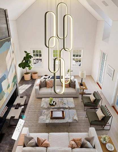 6 Rings Modern Chandelier LED Dimmable Flush Mount Ceiling Light for Foyer Living Room Staircaes Black