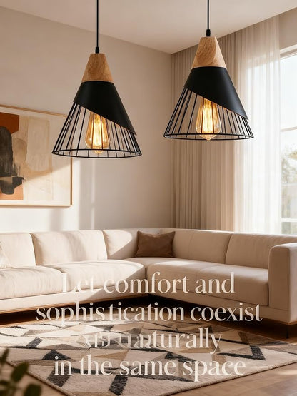 Pendant Lights Kitchen Black 2 Pack,Industrial Modern Lighting Hanging Lamps,Wood Dome Minimalist Industrial Ceiling Hanging Lights for Kitchen Island,Dining Room,Living Room,Bedroom,Hallway