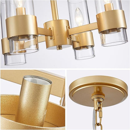 WUZUPS Industrial Chandelier 4-Light with Clear Glass Modern Farmhouse Round Light Fixture for Dining Room Kithen Island Foyer, Width 16.9" Height 12.2", Gold