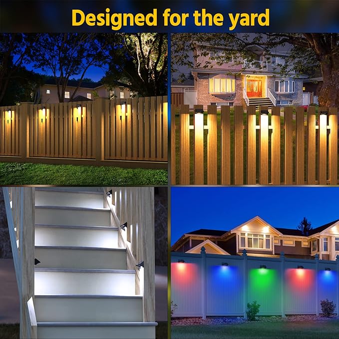 NIORSUN Outdoor Fence Lights, 24 Pack Waterproof LED Solar Fence Lights with 1500mAh Battery, Warm White/Cool White/RGB, Easy-to-Install Wall Light for Deck, Patio, Railing, Stairs, Backyard – Black