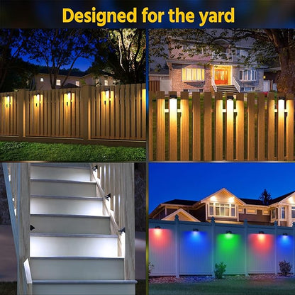 NIORSUN Outdoor Fence Lights, 16 Pack Waterproof LED Solar Fence Lights with 1500mAh Battery, Warm White/Cool White/RGB, Easy-to-Install Wall Light for Deck, Patio, Railing, Stairs, Backyard – Black