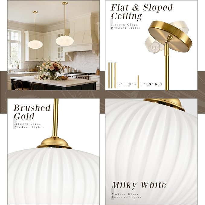 10" Milky White Glass Modern Pendant Light Kitchen Island Brushed Gold Mid Century Modern Pendant Lighting with Frosted Glass Hanging Pendants Light for Bedroom（Bulb Incl.）
