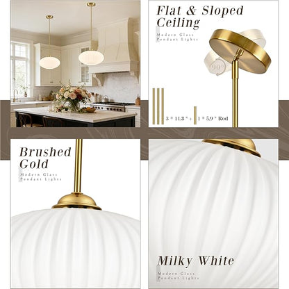 10" Milky White Glass Modern Pendant Light Kitchen Island 2 Pack Brushed Gold Mid Century Modern Pendant Lighting with Frosted Glass Hanging Pendants Light for Bedroom（Bulb Incl.