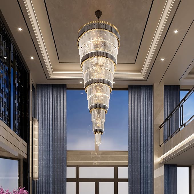 Extra Large Staircase Chandeliers 9-Tier Black and Gold Chandelier Luxury Long Crystal Chandelier Lighting for High Ceiling Foyer Entryway Grand Hotel Lobby 31-Light H84 x W40