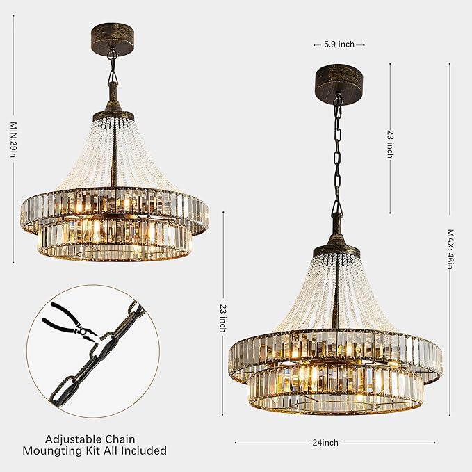 24" Modern Crystal Caged Fandelier, Smart Chandelier Fan with Remote and APP Control, Double Layer Ceiling Fan with Light for Dining Living Room Bedroom, Italian Design-Black Gold