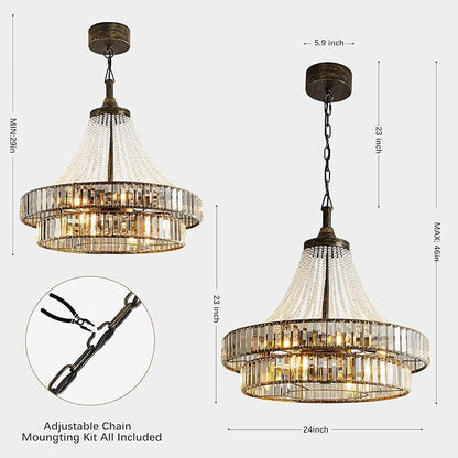 24" Modern Crystal Caged Fandelier, Smart Chandelier Fan with Remote and APP Control, Double Layer Ceiling Fan with Light for Dining Living Room Bedroom, Italian Design-Black Gold