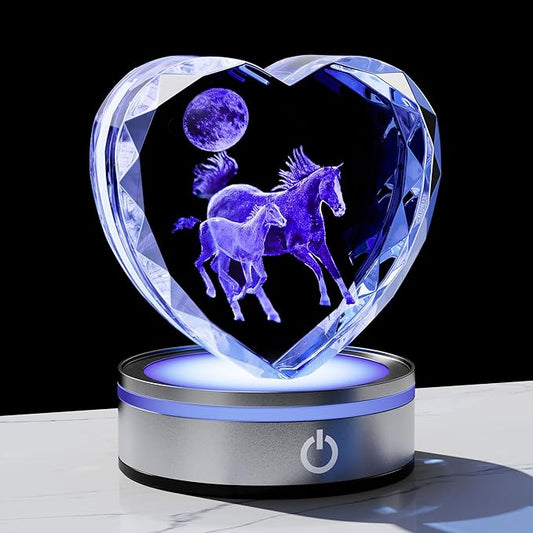 Qianwei Horse Gifts for Women 3D Crystal Heart - Laser Horse Decor Glass Animals Animal Gifts Figurines Statue Stuff for Room Decorations Night Light