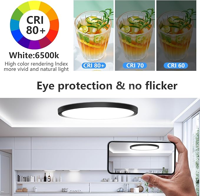 Flush Mount Ceiling Light Fixtures,12inch Flat led Light for Ceiling,6500K 3200LM Ultra Thin Round Black Lamp for Bedroom Kitchen,Bathroom,Garage,Living Room, Dining Room - 2PCS